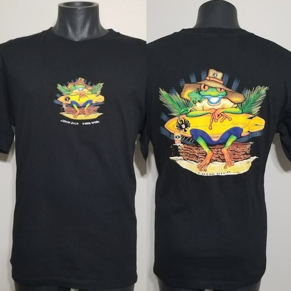 Vtg Imperial Beer Costa Rica Surfing Frog T-Shirt L Pura Vida EUC Double Sided
